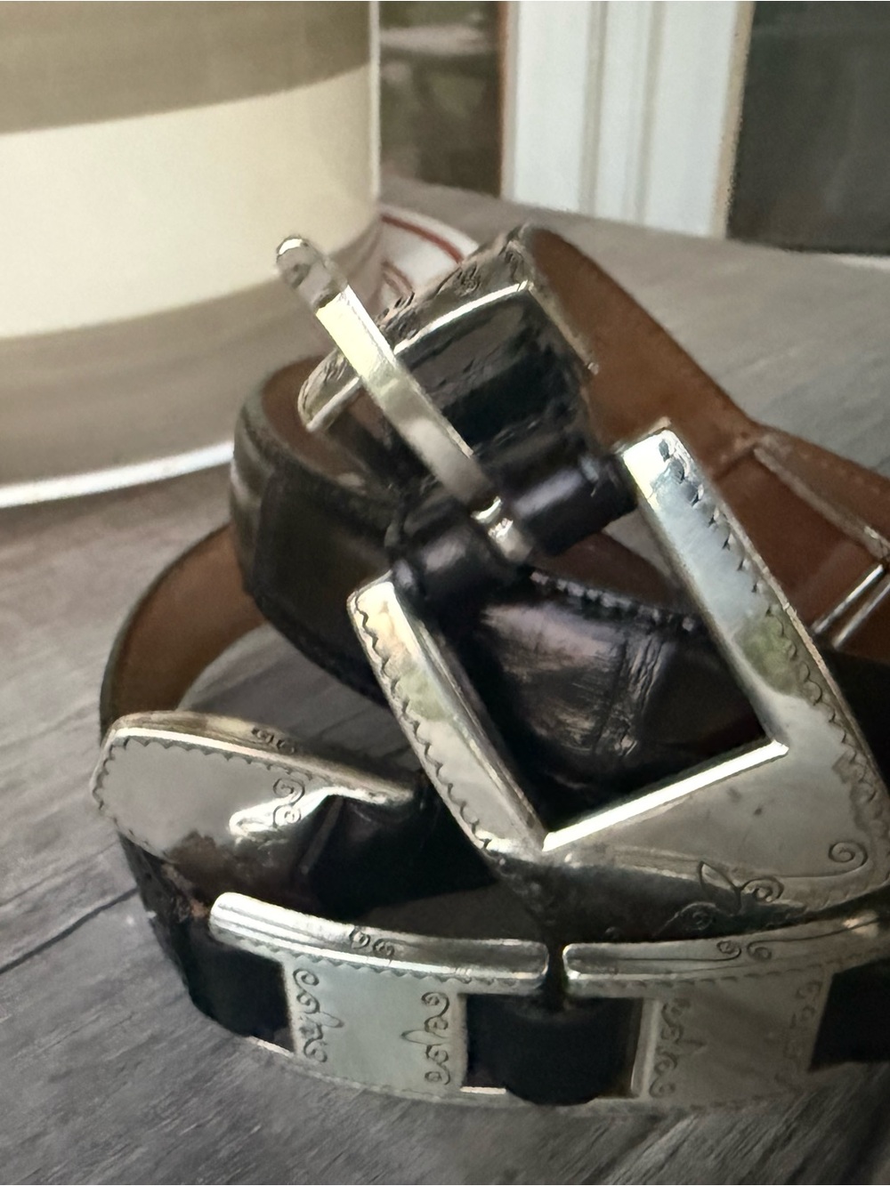 Brighton Black Leather Belt with Engraved Silver Plates